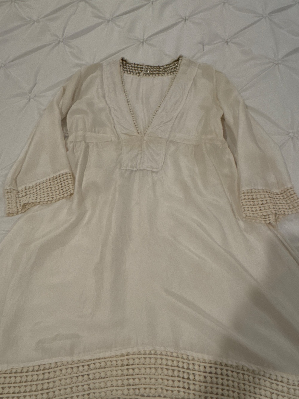 DESPI 100% Silk Beaded Swim Cover Up Tunic Dress Ivory Resort Boho Size M - Picture 15 of 15